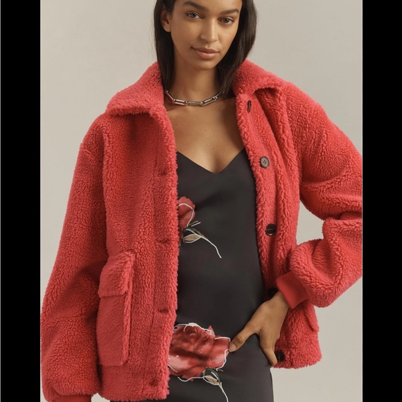 Anthropologie Vibrant Red Teddy Jacket - Picture 1 of 5